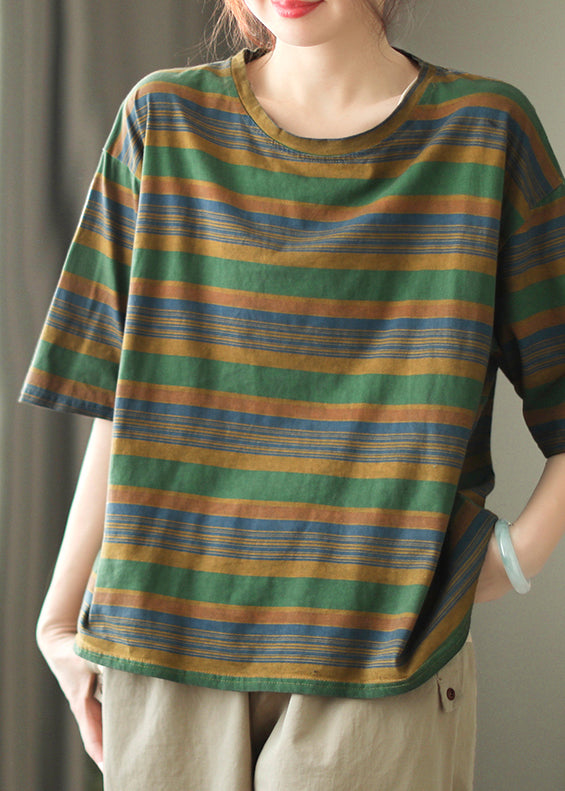 Green Striped Loose Cozy Cotton T Shirts O Neck Half Sleeve