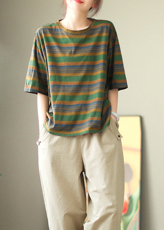 Green Striped Loose Cozy Cotton T Shirts O Neck Half Sleeve