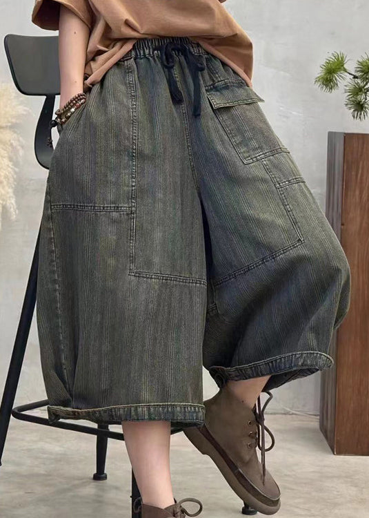 Green Striped Patchwork Denim Crop Pants Elastic Waist Fall