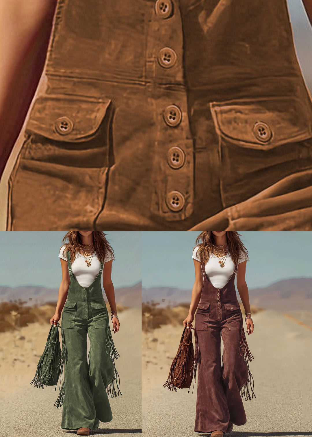 Green Tassel Patchwork Faux Suede Jumpsuit Sleeveless