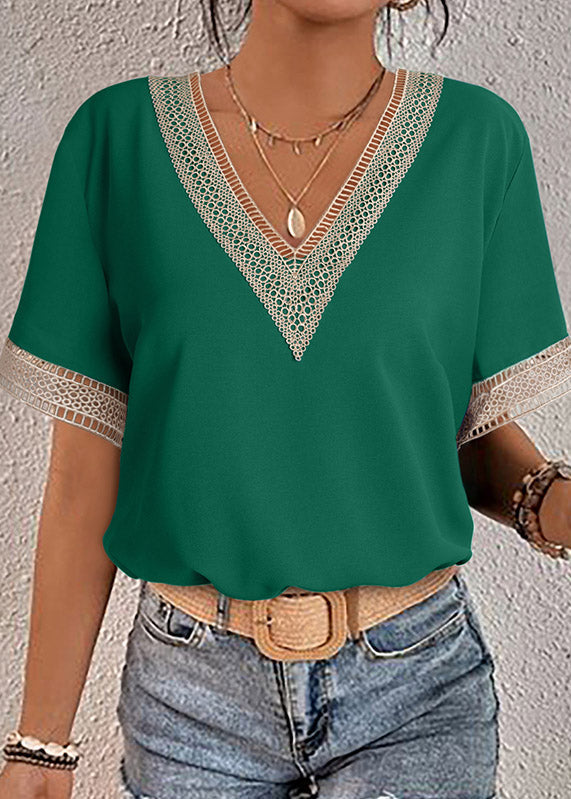Green Tops V Neck Hollow Out Short Sleeve