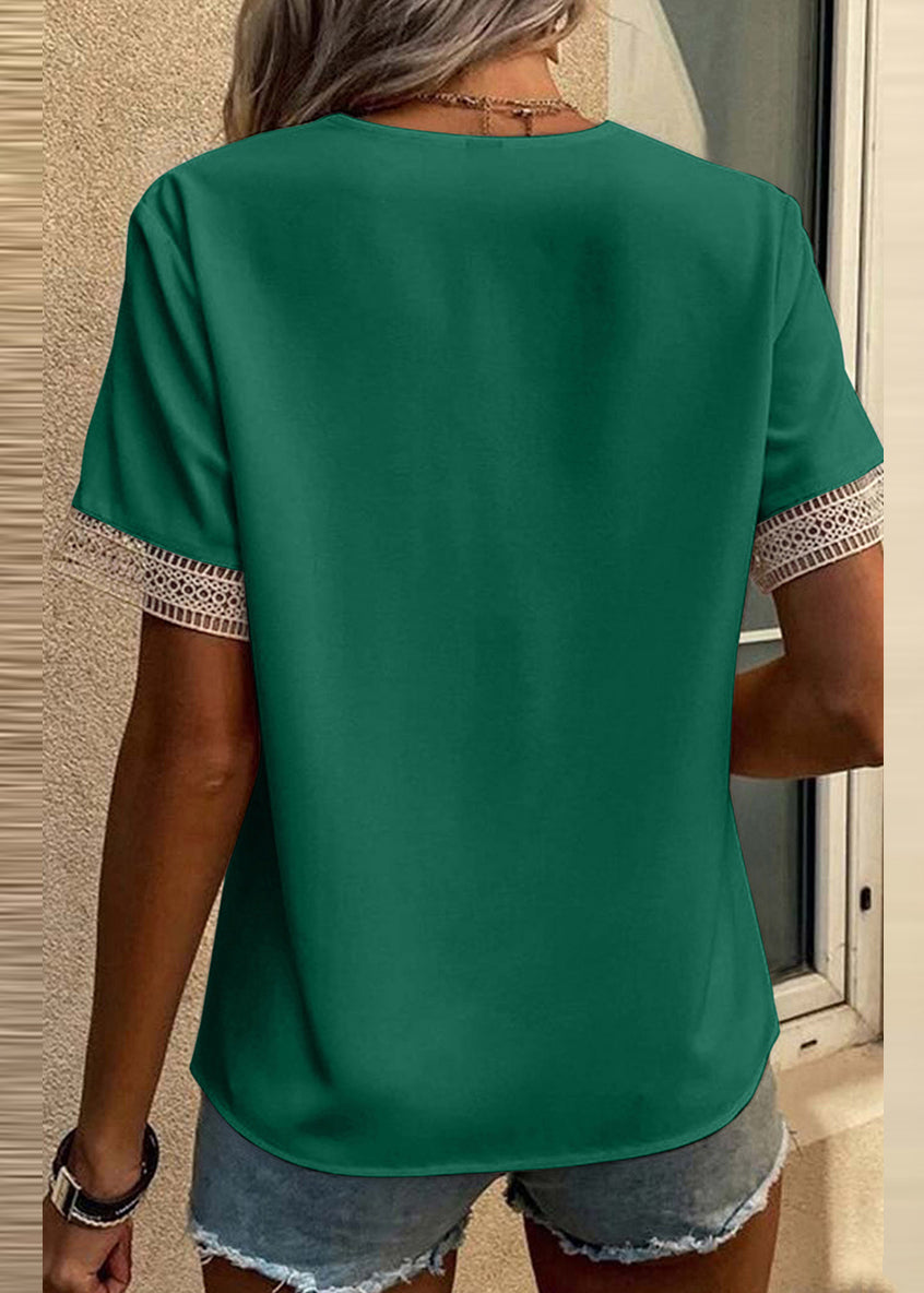 Green Tops V Neck Hollow Out Short Sleeve