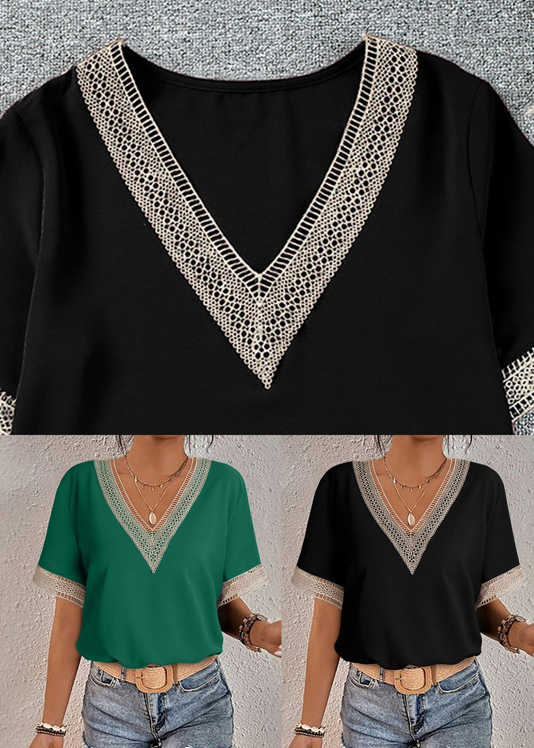 Green Tops V Neck Hollow Out Short Sleeve