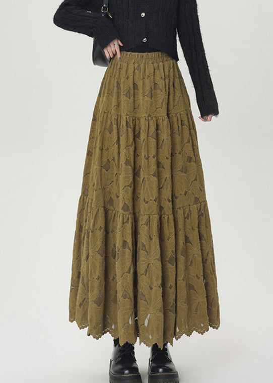 Green Wrinkled Lace Warm Fleece Skirt Elastic Waist