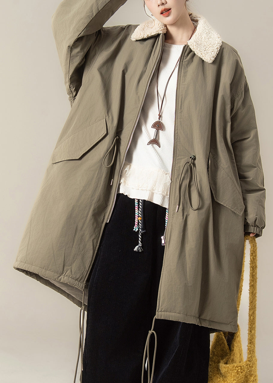 Green Zippered Drawstring Solid Maxi Parkas Lantern Sleeve