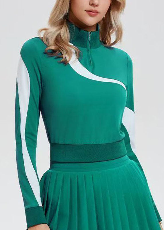 Green Zippered Patchwork Tennis Sportswear Two-Piece Set Spring