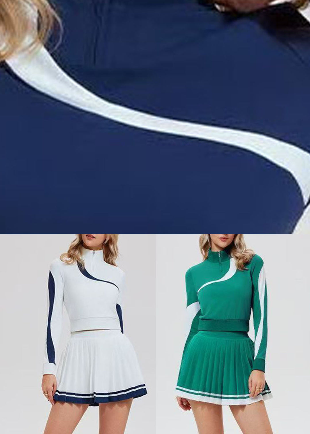 Green Zippered Patchwork Tennis Sportswear Two-Piece Set Spring