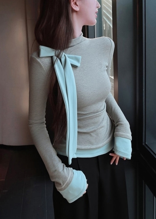 Grey Bow Patchwork Slim Fit Cotton T Shirts Spring