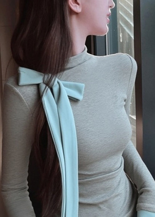 Grey Bow Patchwork Slim Fit Cotton T Shirts Spring