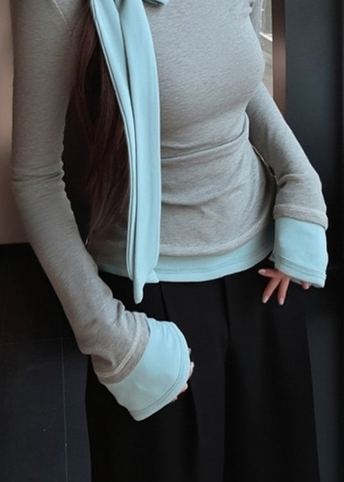 Grey Bow Patchwork Slim Fit Cotton T Shirts Spring