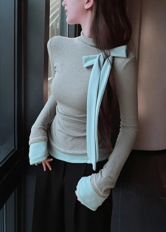 Grey Bow Patchwork Slim Fit Cotton T Shirts Spring