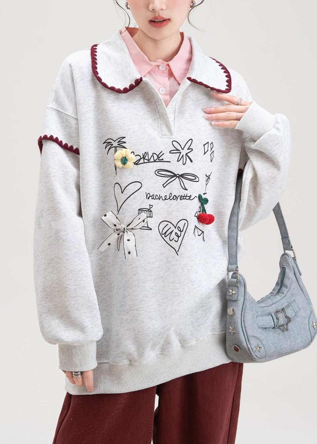 Grey Bow Print Cotton Fall Sweatshirts Peter Pan Collar
