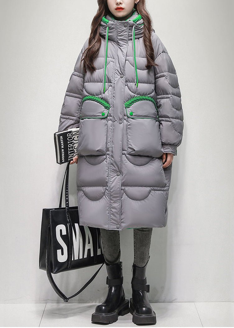 Grey Button Pockets Duck Down Winter Down Long Coat Hooded
