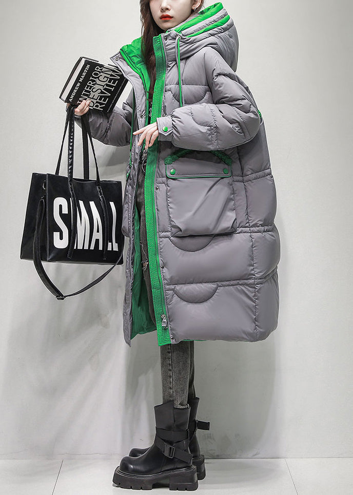 Grey Button Pockets Duck Down Winter Down Long Coat Hooded