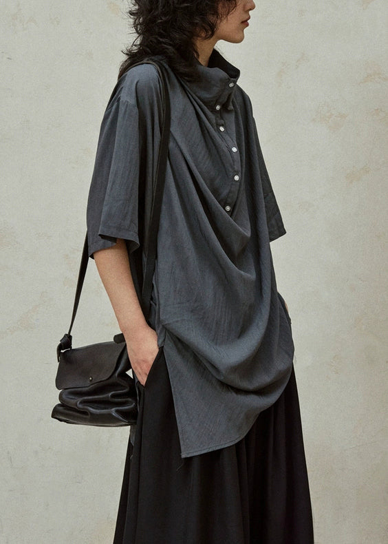 Grey Button Side Open Cotton Blouse Stand Collar Summer