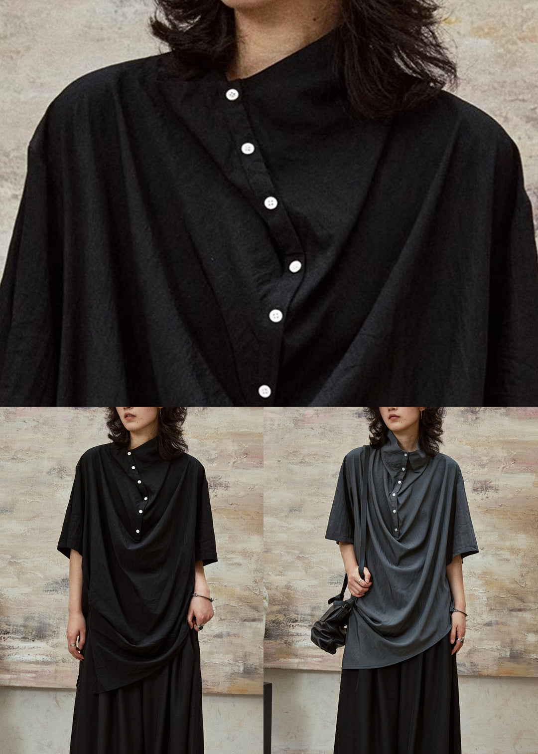 Grey Button Side Open Cotton Blouse Stand Collar Summer