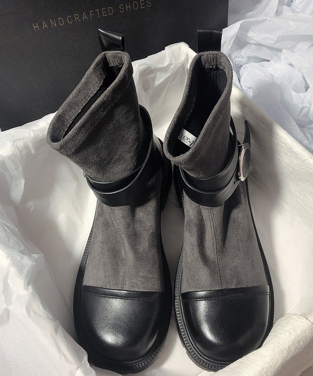 Grey Cowhide Leather Splicing Chic Suede Boots