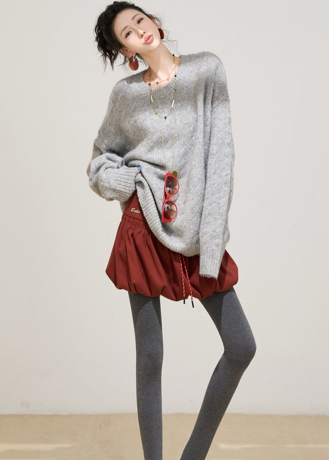 Grey Cozy Knit Sweater Tops Oversized Winter