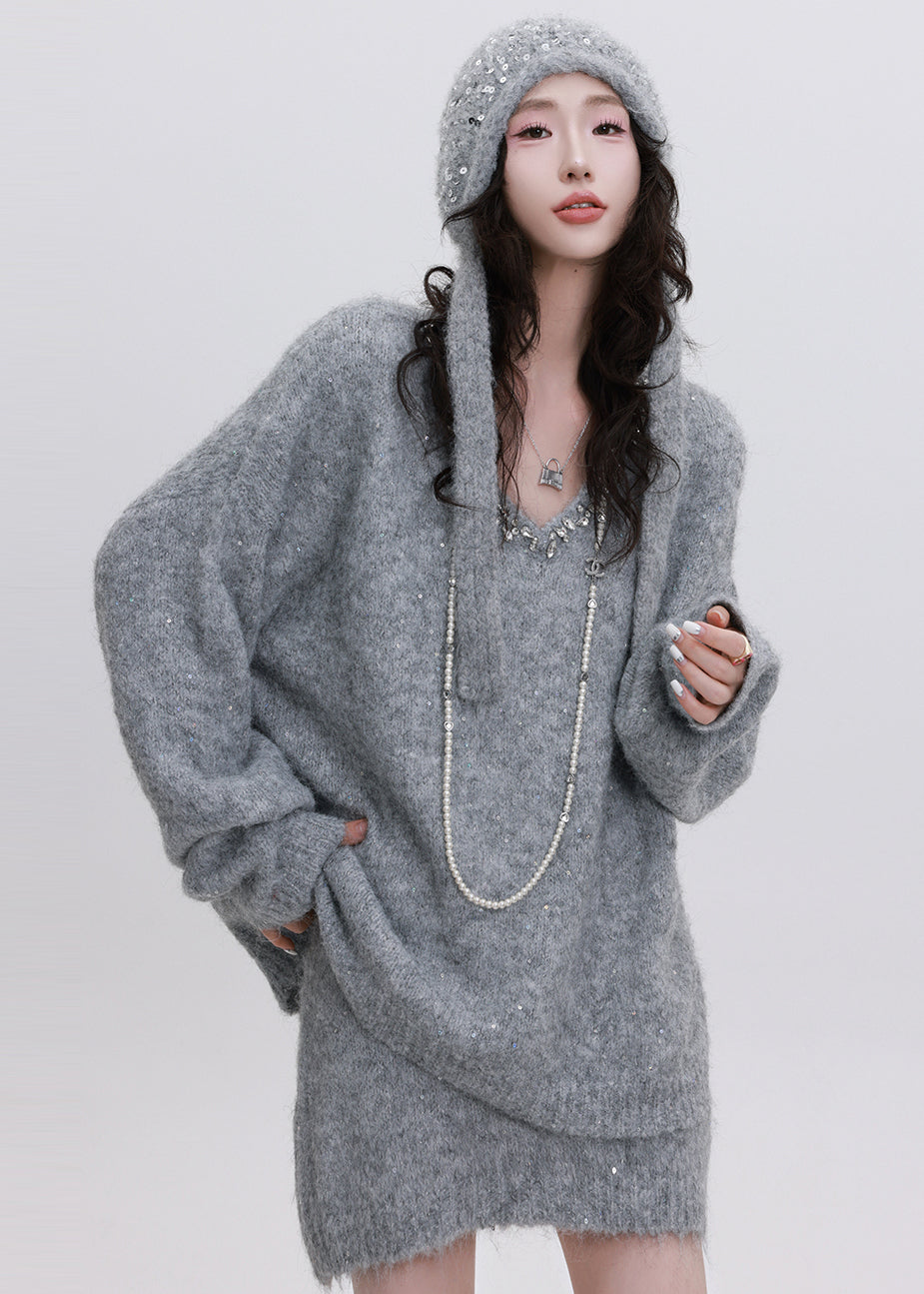 Grey Cozy Knit Two Piece Set Women Clothing Sequins Winter