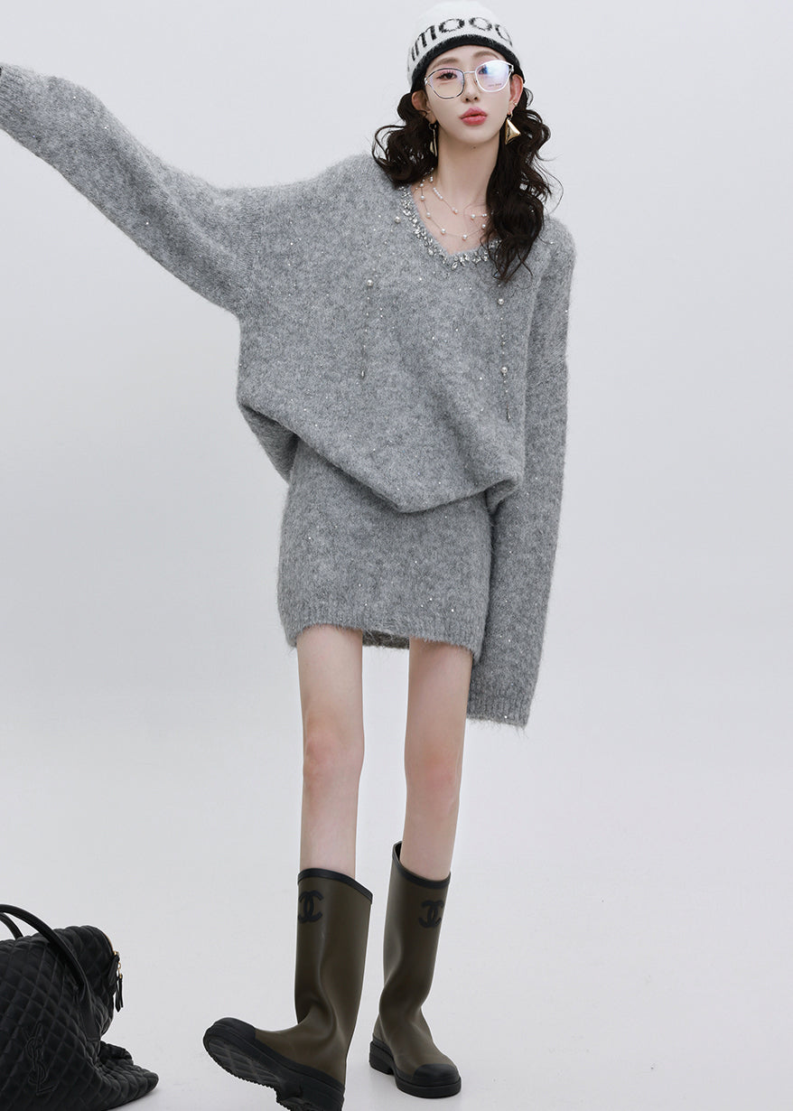 Grey Cozy Knit Two Piece Set Women Clothing Sequins Winter