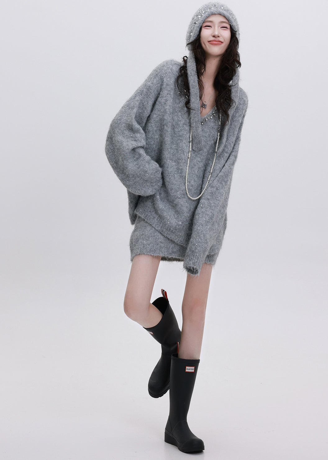 Grey Cozy Knit Two Piece Set Women Clothing Sequins Winter