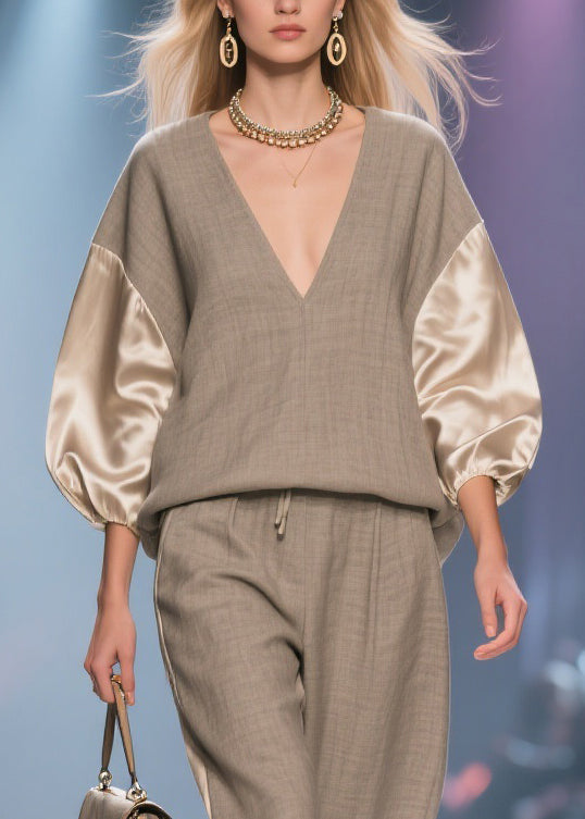 Grey Elastic Waist Silk Patchwork Two Piece Set V Neck Batwing Sleeve - Omychic
