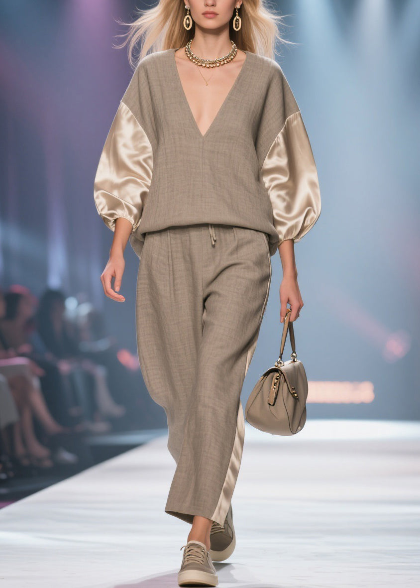 Grey Elastic Waist Silk Patchwork Two Piece Set V Neck Batwing Sleeve - Omychic