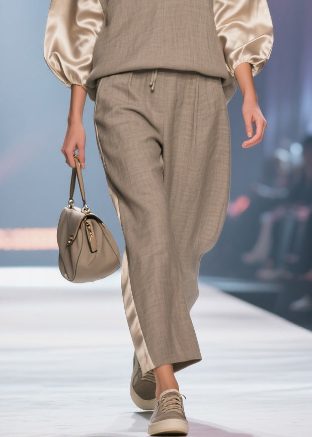 Grey Elastic Waist Silk Patchwork Two Piece Set V Neck Batwing Sleeve - Omychic