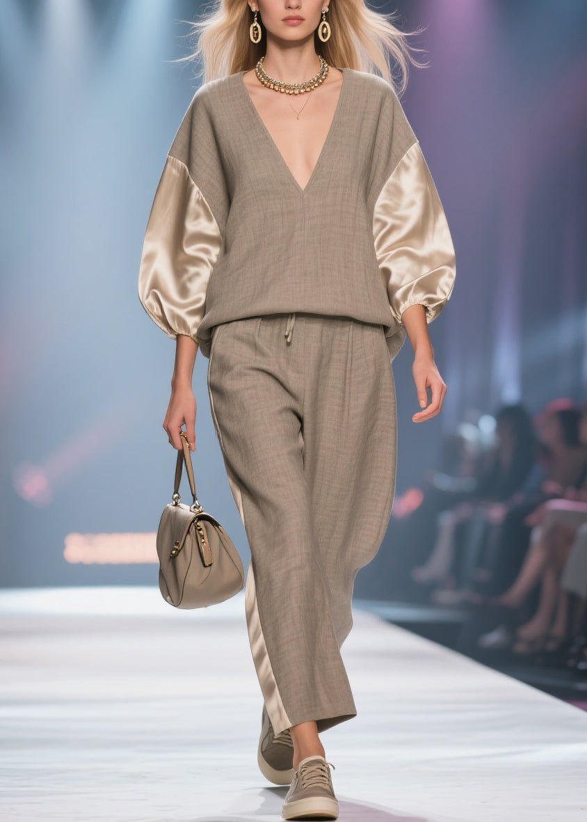 Grey Elastic Waist Silk Patchwork Two Piece Set V Neck Batwing Sleeve - Omychic