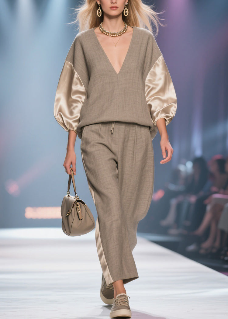 Grey Elastic Waist Silk Patchwork Two Piece Set V Neck Batwing Sleeve - Omychic