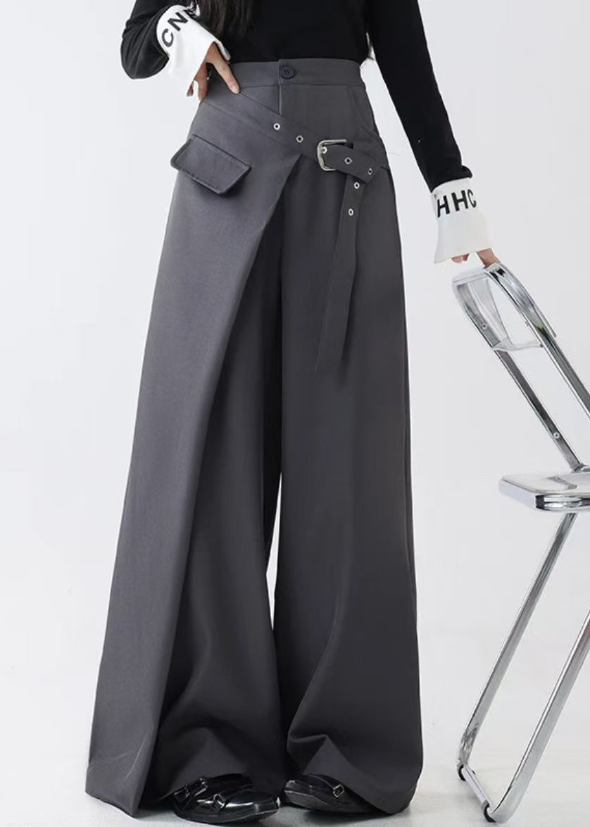 Grey False Two Pieces Spandex Fall Wide Leg Pants Pockets