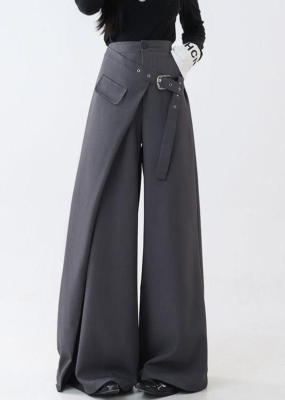 Grey False Two Pieces Spandex Fall Wide Leg Pants Pockets