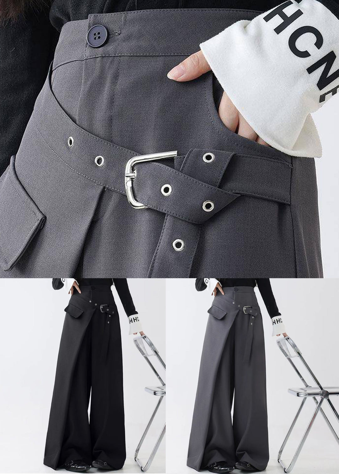 Grey False Two Pieces Spandex Fall Wide Leg Pants Pockets