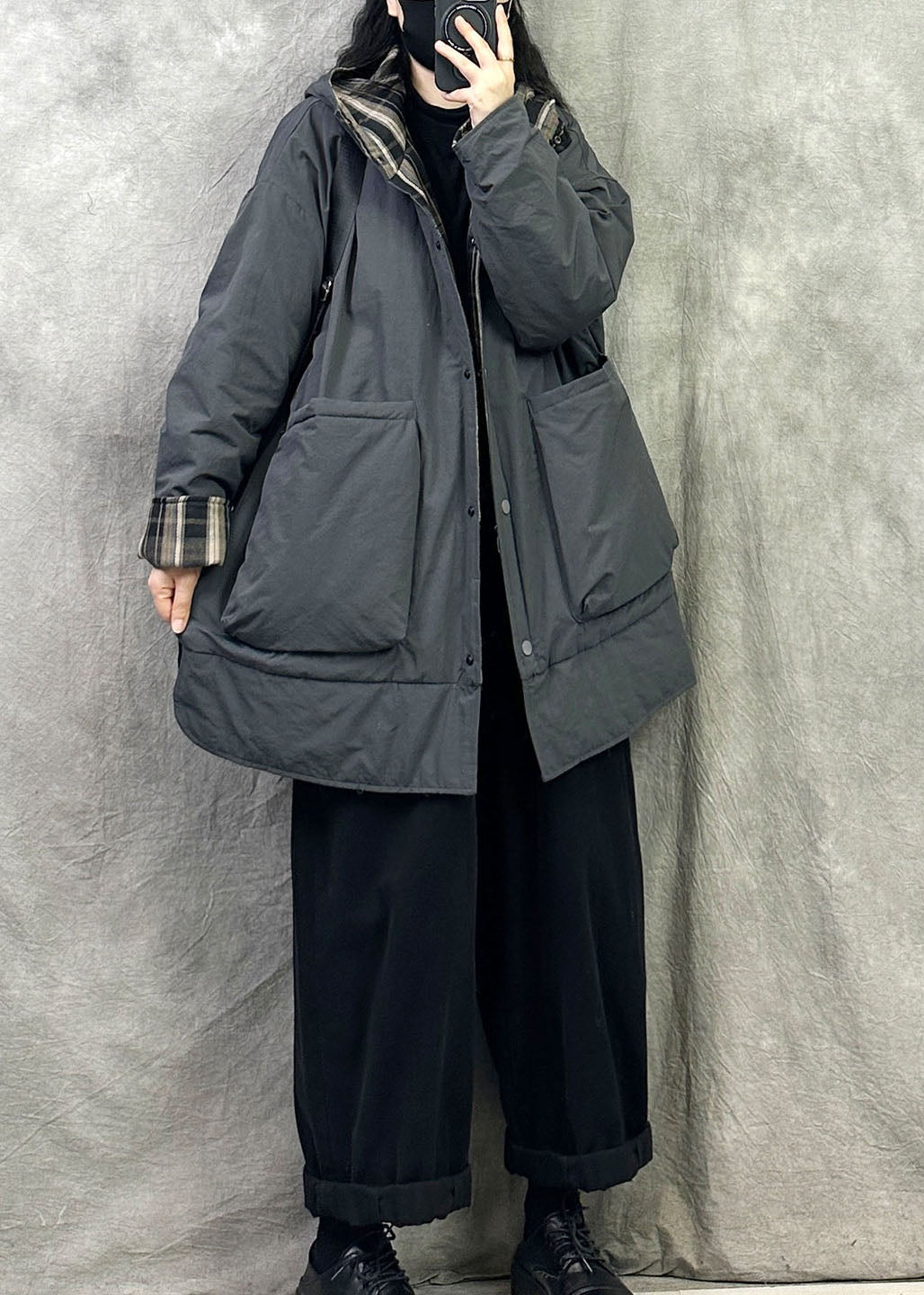 Grey Fine Cotton Filled Wear On Both Sides Coats Hooded Pockets Winter