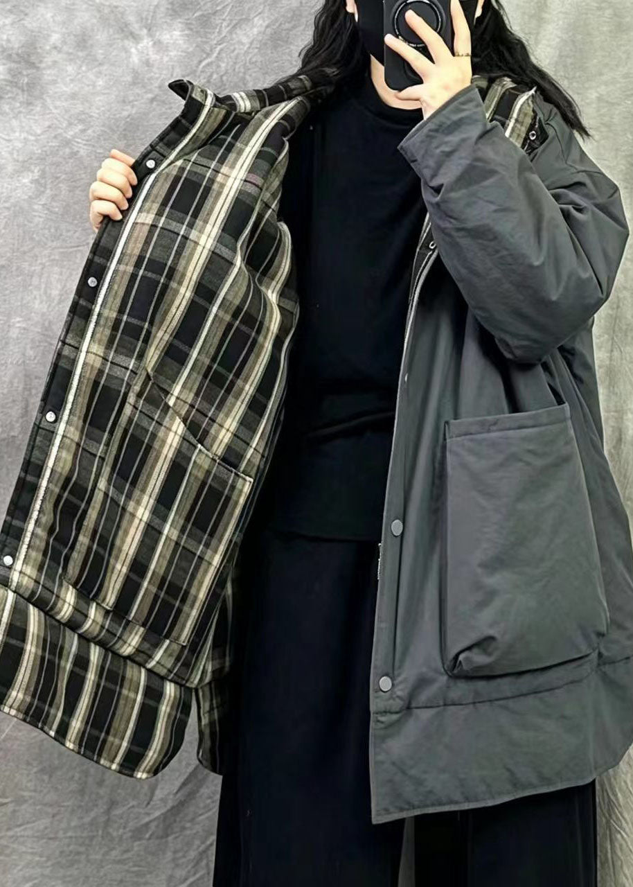 Grey Fine Cotton Filled Wear On Both Sides Coats Hooded Pockets Winter