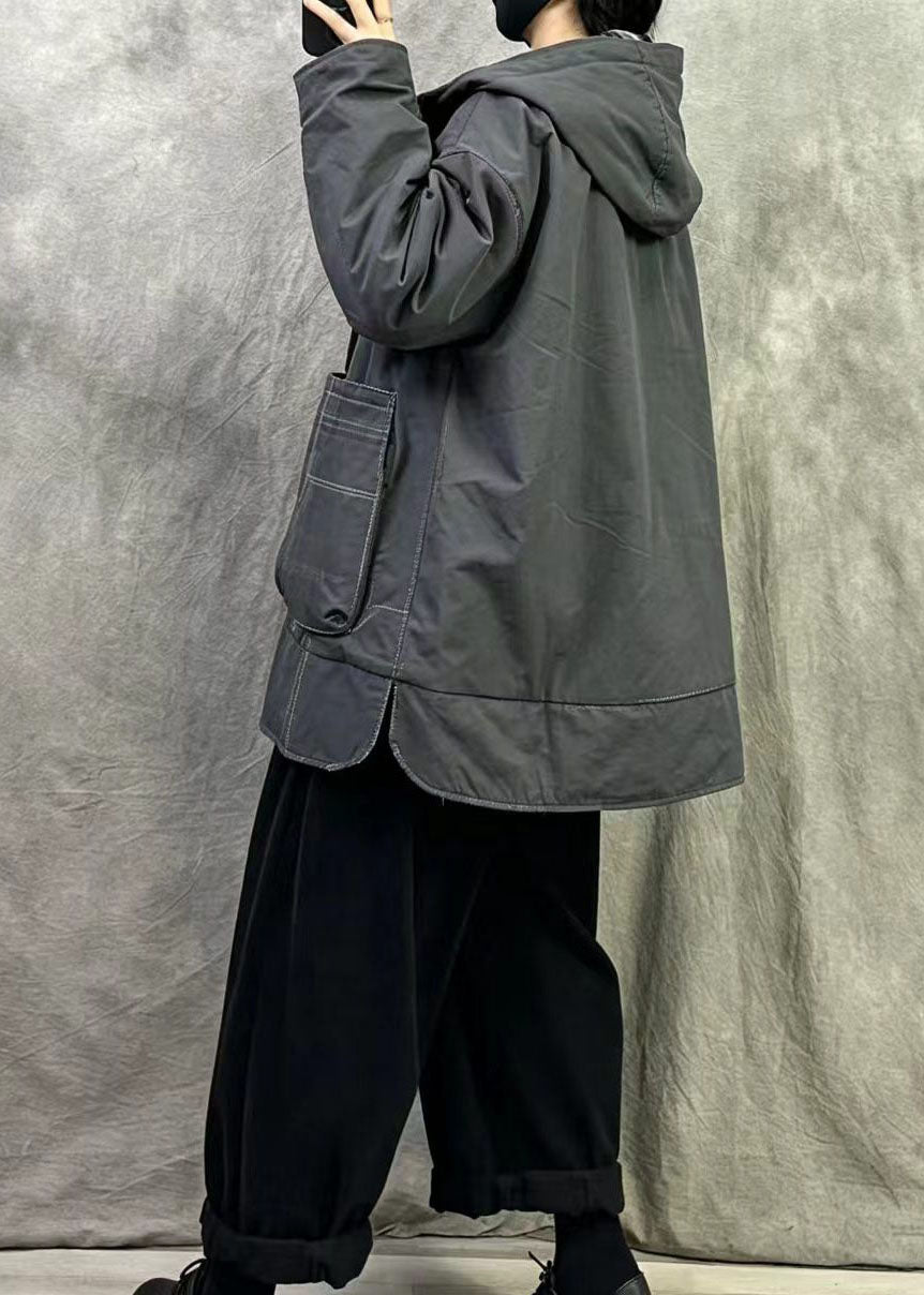 Grey Fine Cotton Filled Wear On Both Sides Coats Hooded Pockets Winter