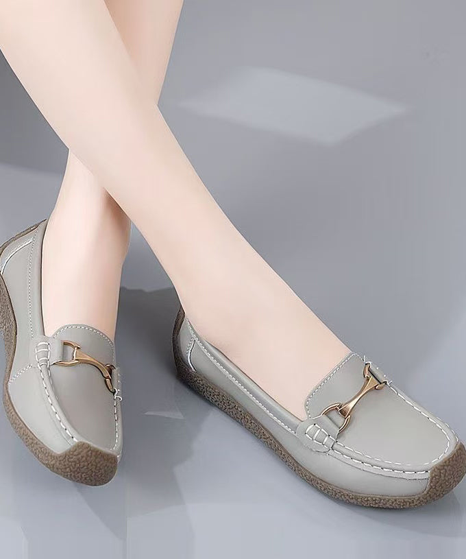 Grey Flat Shoes For Women Cowhide Leather Fine Flat Shoes
