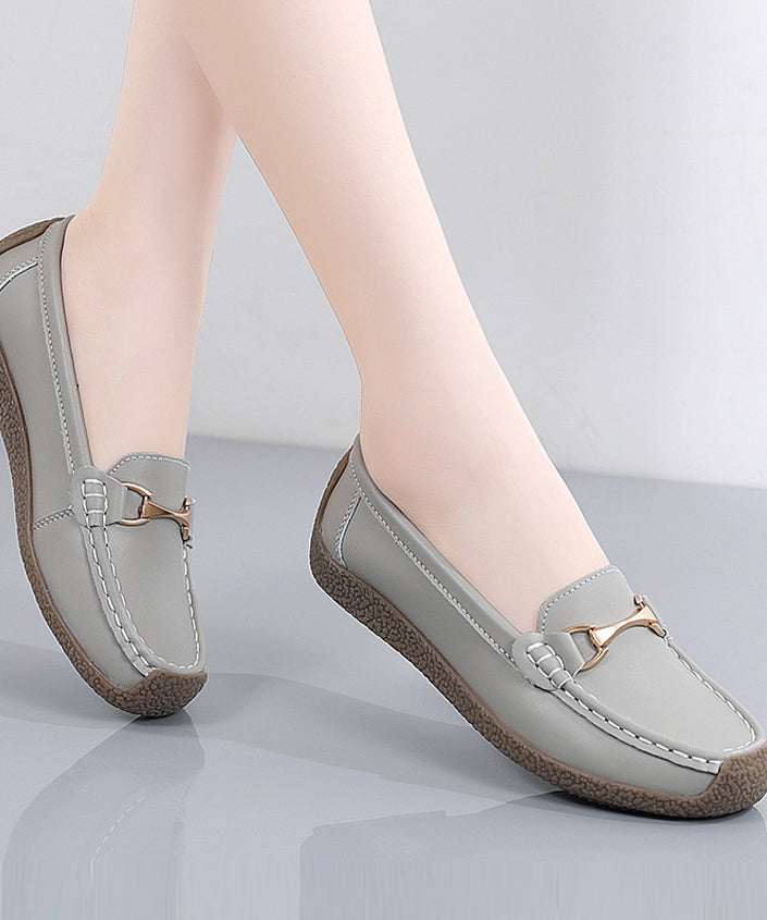 Grey Flat Shoes For Women Cowhide Leather Fine Flat Shoes