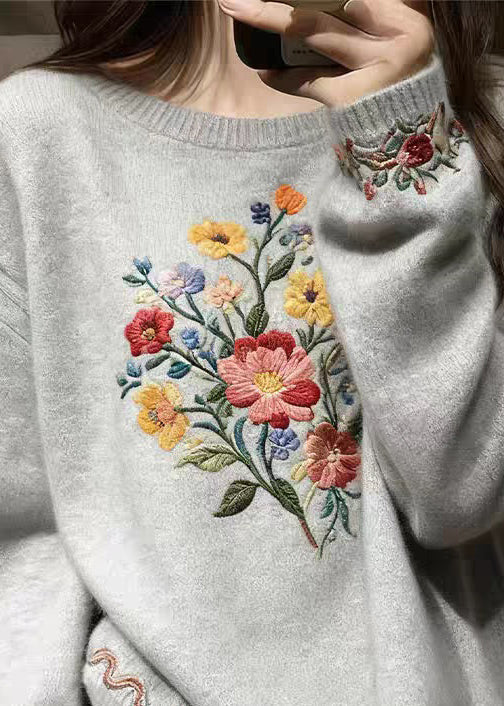 Grey Floral Cozy Knit Sweater O-Neck Fall