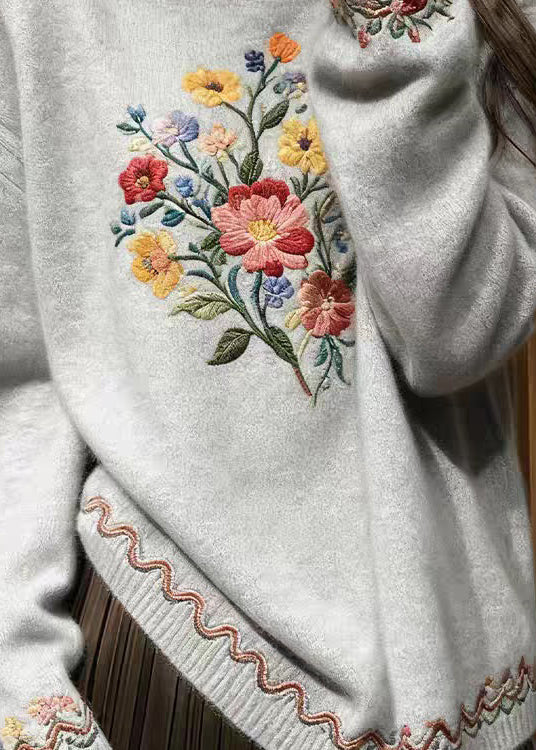 Grey Floral Cozy Knit Sweater O-Neck Fall