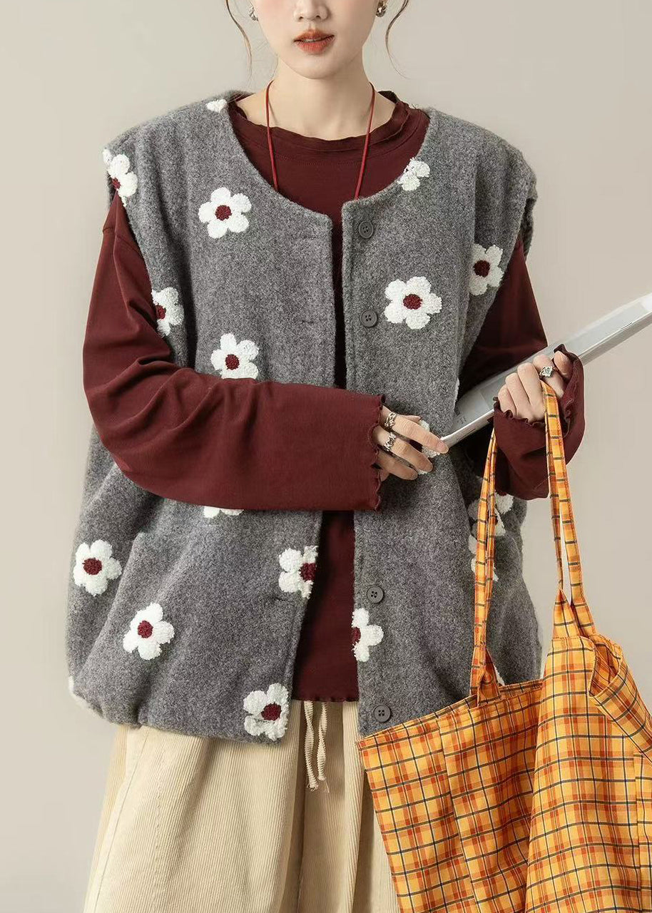 Grey Floral Print Cotton Loose Vests Oversized Winter