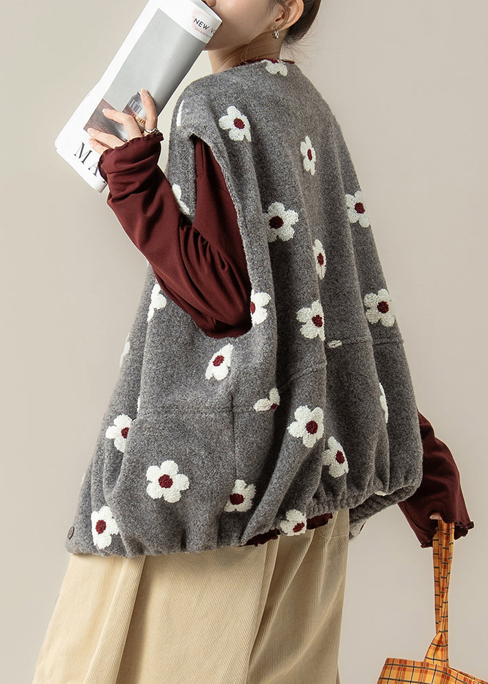Grey Floral Print Cotton Loose Vests Oversized Winter