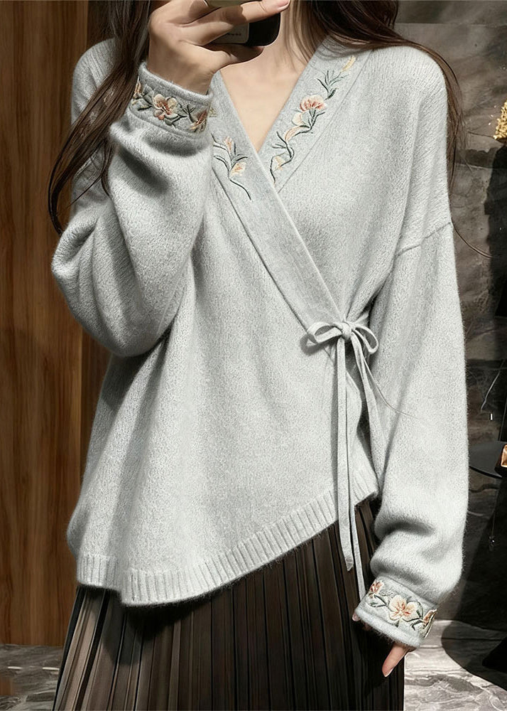 Grey FloralLace Up Knit Sweaters V Neck Fall