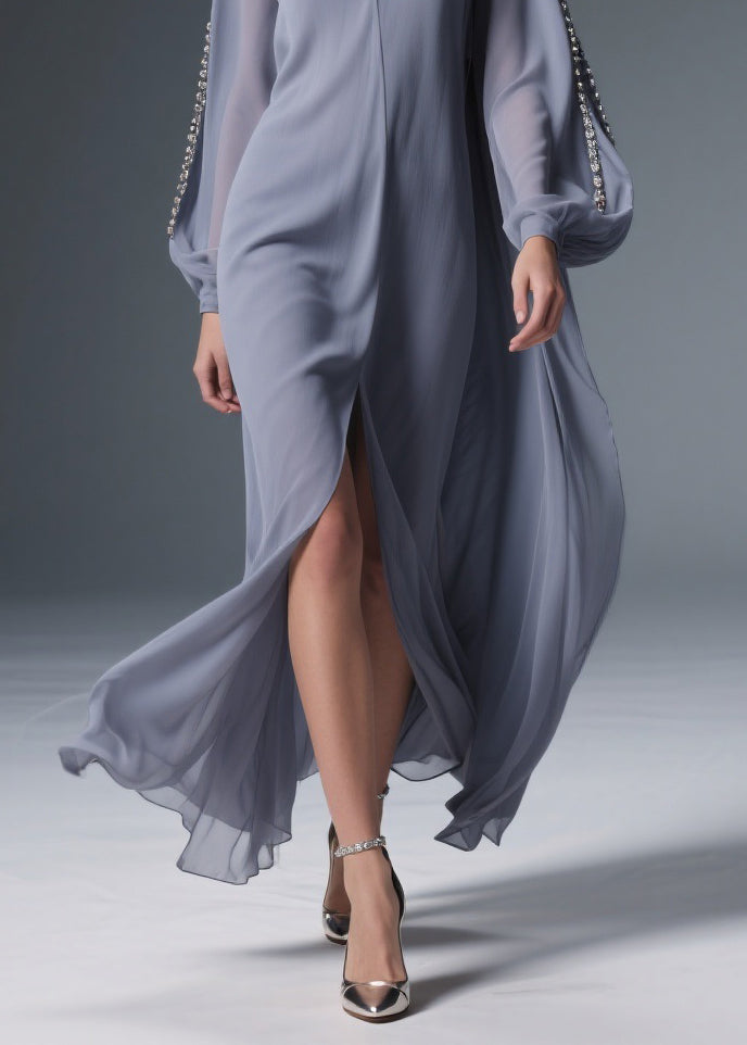 Grey Front Open Solid Chiffon Long Dresses V Neck Spring