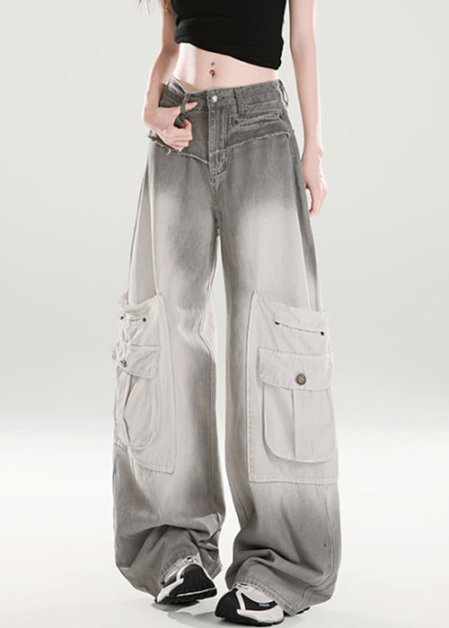 Grey Gradient Color High Waist Denim Wide Leg Pants Pockets