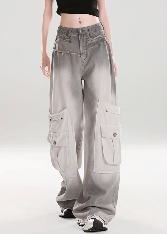 Grey Gradient Color High Waist Denim Wide Leg Pants Pockets
