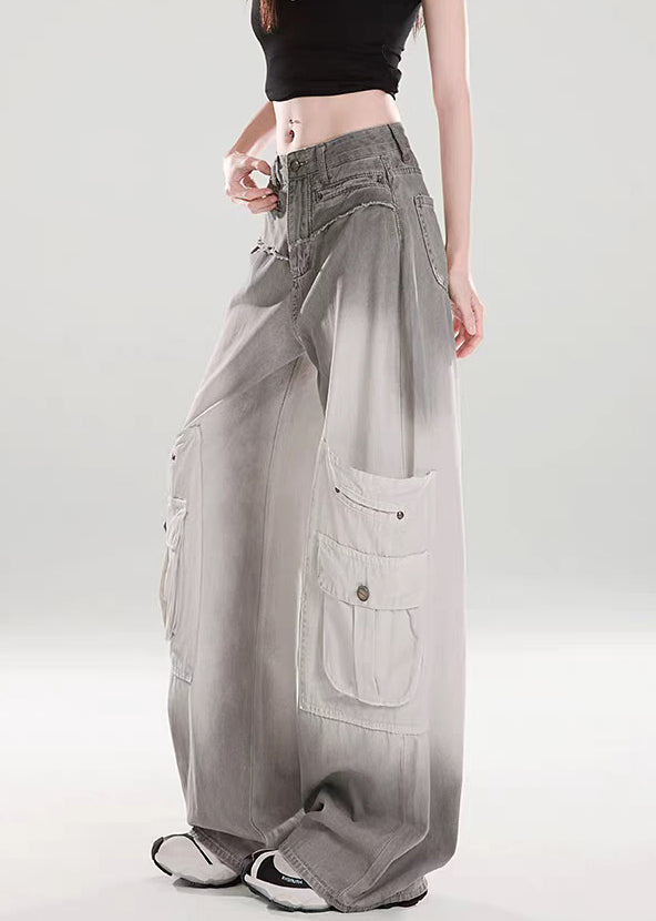 Grey Gradient Color High Waist Denim Wide Leg Pants Pockets