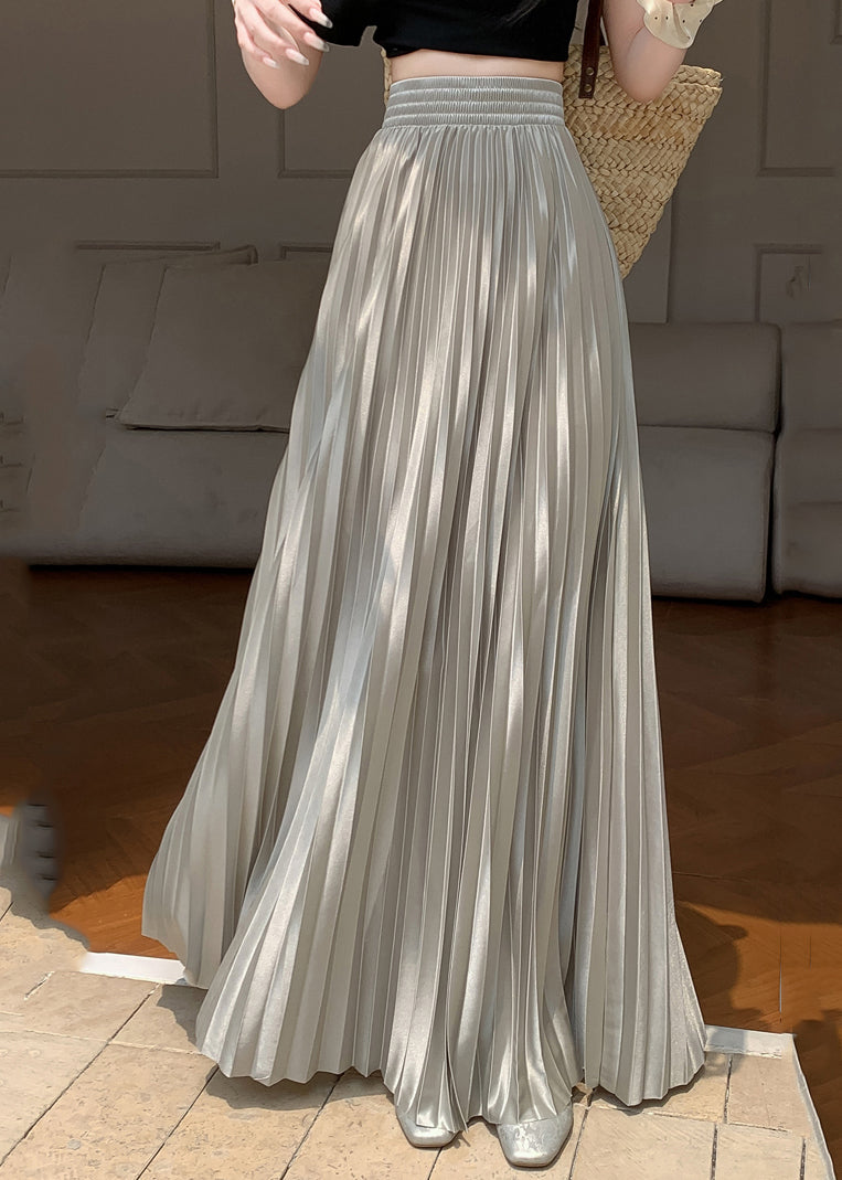 Grey Green Patchwork Solid Silk Pleated Skirt