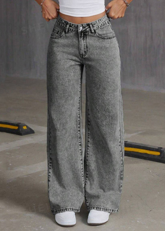 Grey High Waist Solid Wide Leg Denim Pant