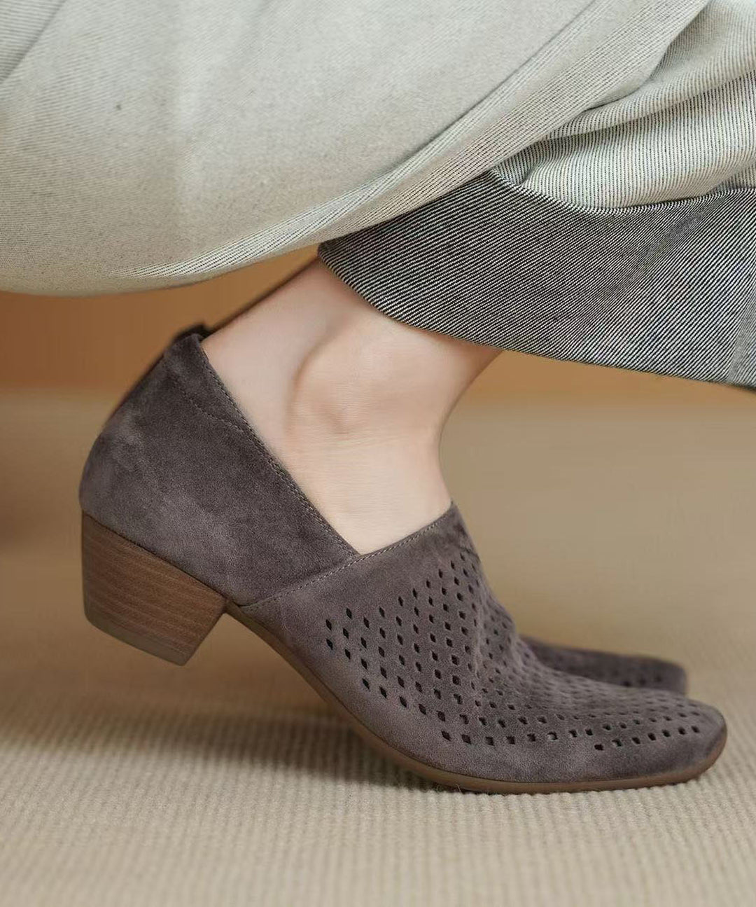 Grey Hollow Out Chunky Shoes Suede Boutique Splicing